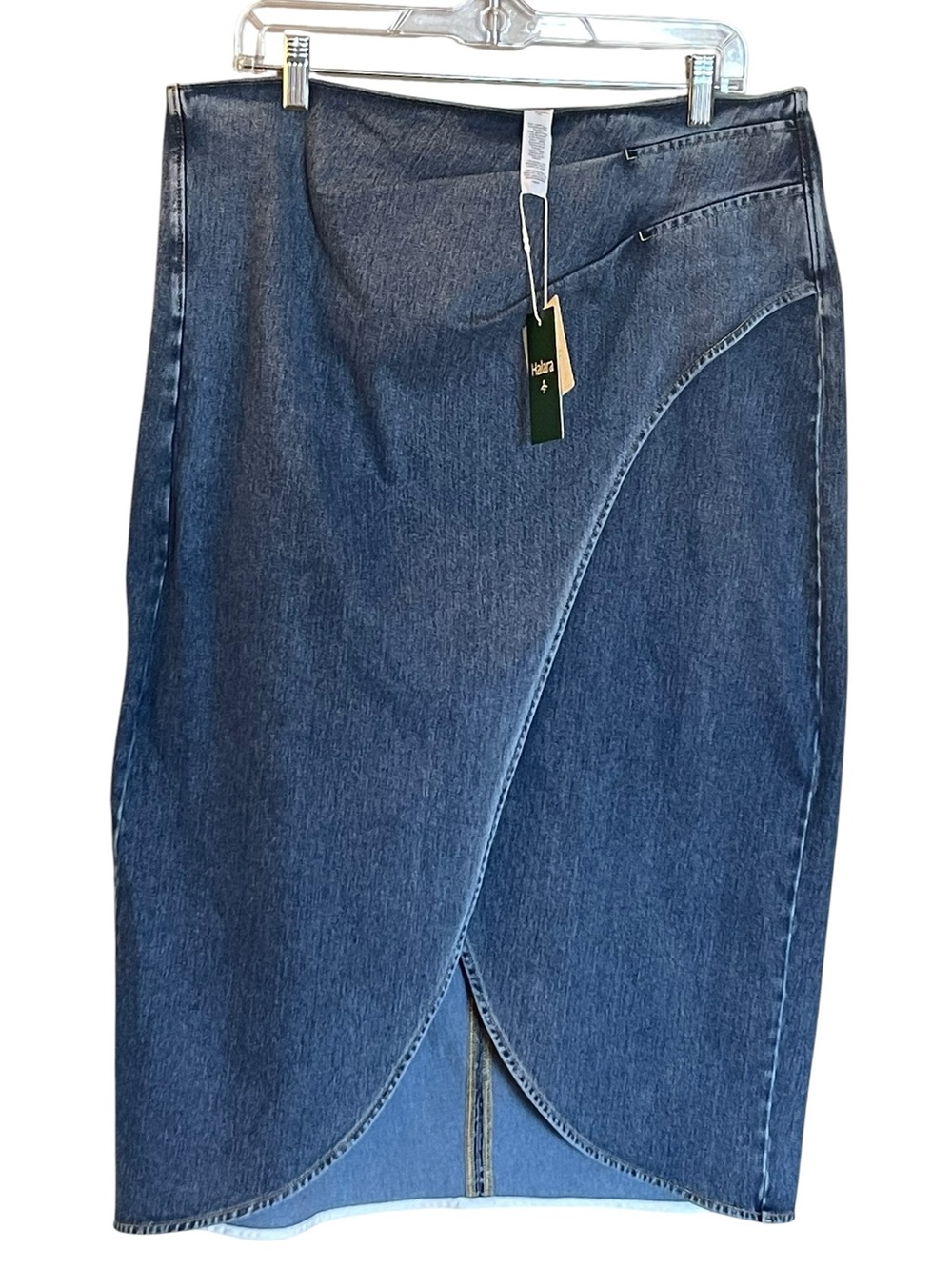 Halara Flex™ High Waisted Back Zipper Ruched Tulip Hem Midi Washed Denim XL NWT